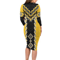 Yellow Niho Taniwha Mix Poutama Long Sleeve Bodycon Dress Unique Taniko Aotearoa