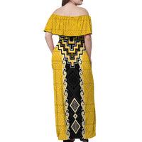 Yellow Niho Taniwha Mix Poutama Off Shoulder Maxi Dress Unique Taniko Aotearoa