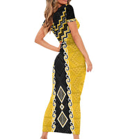 Yellow Niho Taniwha Mix Poutama Short Sleeve Bodycon Dress Unique Taniko Aotearoa