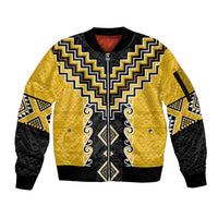 Yellow Niho Taniwha Mix Poutama Sleeve Zip Bomber Jacket Unique Taniko Aotearoa