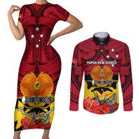 Personalised Papua New Guinea Couples Matching Short Sleeve Bodycon Dress and Long Sleeve Button Shirts Bird Of Paradise Mix Polynesian Pattern LT01 Red - Polynesian Pride