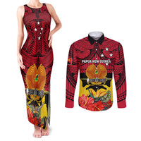 Personalised Papua New Guinea Couples Matching Tank Maxi Dress and Long Sleeve Button Shirts Bird Of Paradise Mix Polynesian Pattern LT01 Red - Polynesian Pride