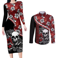 Hawaii Halloween Couples Matching Long Sleeve Bodycon Dress and Long Sleeve Button Shirts Hibiscus Skull Kakau Pattern LT01 Red - Polynesian Pride