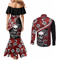 Hawaii Halloween Couples Matching Mermaid Dress and Long Sleeve Button Shirts Hibiscus Skull Kakau Pattern LT01 - Polynesian Pride