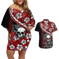Hawaii Halloween Couples Matching Off Shoulder Short Dress and Hawaiian Shirt Hibiscus Skull Kakau Pattern LT01 Red - Polynesian Pride