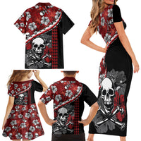 Hawaii Halloween Family Matching Short Sleeve Bodycon Dress and Hawaiian Shirt Hibiscus Skull Kakau Pattern LT01 - Polynesian Pride