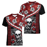 Hawaii Halloween Women V Neck T Shirt Hibiscus Skull Kakau Pattern LT01 - Polynesian Pride