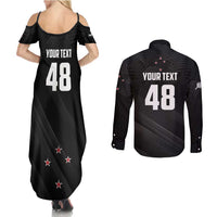 Custom New Zealand Cricket Couples Matching Summer Maxi Dress and Long Sleeve Button Shirt Aotearoa Black Cap Come On LT01 - Polynesian Pride