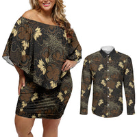 Javanese Batik Semen Couples Matching Off Shoulder Short Dress and Long Sleeve Button Shirt Indonesian Traditional Pattern LT01 Black - Polynesian Pride