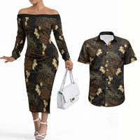 Javanese Batik Semen Couples Matching Off The Shoulder Long Sleeve Dress and Hawaiian Shirt Indonesian Traditional Pattern LT01 Black - Polynesian Pride