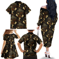 Javanese Batik Semen Family Matching Off The Shoulder Long Sleeve Dress and Hawaiian Shirt Indonesian Traditional Pattern