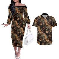 Batik Pedalaman Semen Lereng Style Couples Matching Off The Shoulder Long Sleeve Dress and Hawaiian Shirt Indonesian Traditional Pattern LT01 Black - Polynesian Pride