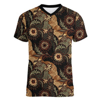 Batik Pedalaman Semen Lereng Style Women V-Neck T-Shirt Indonesian Traditional Pattern LT01 Female Black - Polynesian Pride