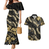 Gold Tropical Leaves Hawaii Mikioi Lei Couples Matching Mermaid Dress and Hawaiian Shirt Luxury Stylized - Polynesian Pride