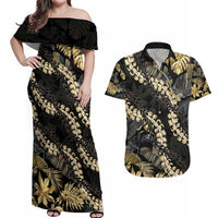 Gold Tropical Leaves Hawaii Mikioi Lei Couples Matching Off Shoulder Maxi Dress and Hawaiian Shirt Luxury Stylized - Polynesian Pride