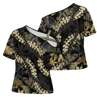 Gold Tropical Leaves Hawaii Mikioi Lei Cross Shoulder Shirt Luxury Stylized - Polynesian Pride