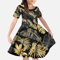 Gold Tropical Leaves Hawaii Mikioi Lei Family Matching Mermaid Dress and Hawaiian Shirt Luxury Stylized - Polynesian Pride
