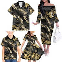 Gold Tropical Leaves Hawaii Mikioi Lei Family Matching Off The Shoulder Long Sleeve Dress and Hawaiian Shirt Luxury Stylized - Polynesian Pride