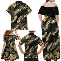 Gold Tropical Leaves Hawaii Mikioi Lei Family Matching Off Shoulder Maxi Dress and Hawaiian Shirt Luxury Stylized - Polynesian Pride