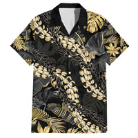 Gold Tropical Leaves Hawaii Mikioi Lei Family Matching Off Shoulder Maxi Dress and Hawaiian Shirt Luxury Stylized - Polynesian Pride
