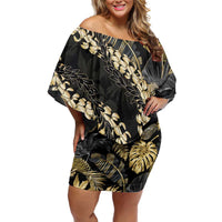 Gold Tropical Leaves Hawaii Mikioi Lei Family Matching Off Shoulder Short Dress and Hawaiian Shirt Luxury Stylized - Polynesian Pride
