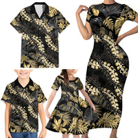 Gold Tropical Leaves Hawaii Mikioi Lei Family Matching Short Sleeve Bodycon Dress and Hawaiian Shirt Luxury Stylized - Polynesian Pride