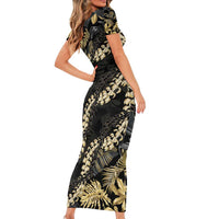 Gold Tropical Leaves Hawaii Mikioi Lei Family Matching Short Sleeve Bodycon Dress and Hawaiian Shirt Luxury Stylized - Polynesian Pride