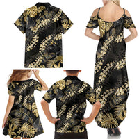 Gold Tropical Leaves Hawaii Mikioi Lei Family Matching Summer Maxi Dress and Hawaiian Shirt Luxury Stylized - Polynesian Pride