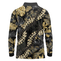 Gold Tropical Leaves Hawaii Mikioi Lei Long Sleeve Polo Shirt Luxury Stylized - Polynesian Pride