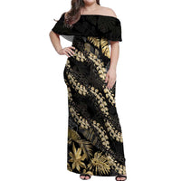 Gold Tropical Leaves Hawaii Mikioi Lei Off Shoulder Maxi Dress Luxury Stylized - Polynesian Pride
