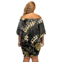 Gold Tropical Leaves Hawaii Mikioi Lei Off Shoulder Short Dress Luxury Stylized - Polynesian Pride