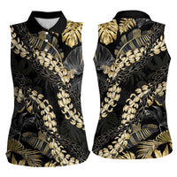 Gold Tropical Leaves Hawaii Mikioi Lei Women Sleeveless Polo Shirt Luxury Stylized - Polynesian Pride