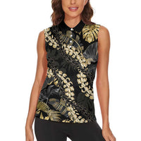Gold Tropical Leaves Hawaii Mikioi Lei Women Sleeveless Polo Shirt Luxury Stylized - Polynesian Pride