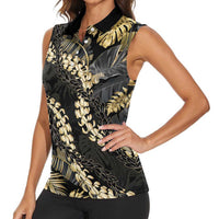 Gold Tropical Leaves Hawaii Mikioi Lei Women Sleeveless Polo Shirt Luxury Stylized - Polynesian Pride