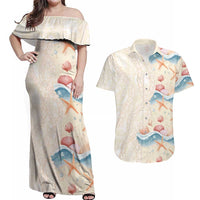Beige Hawaii Lei Seashells Starfish Couples Matching Off Shoulder Maxi Dress and Hawaiian Shirt Sandy Sylized - Polynesian Pride
