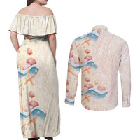 Beige Hawaii Lei Seashells Starfish Couples Matching Off Shoulder Maxi Dress and Long Sleeve Button Shirt Sandy Sylized - Polynesian Pride