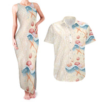 Beige Hawaii Lei Seashells Starfish Couples Matching Tank Maxi Dress and Hawaiian Shirt Sandy Sylized - Polynesian Pride