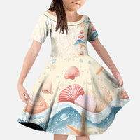 Beige Hawaii Lei Seashells Starfish Family Matching Off The Shoulder Long Sleeve Dress and Hawaiian Shirt Sandy Sylized - Polynesian Pride