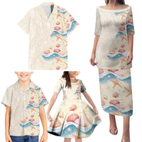 Beige Hawaii Lei Seashells Starfish Family Matching Puletasi and Hawaiian Shirt Sandy Sylized - Polynesian Pride