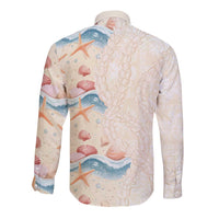 Beige Hawaii Lei Seashells Starfish Long Sleeve Button Shirt Sandy Sylized - Polynesian Pride