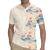 Beige Hawaii Lei Seashells Starfish Rugby Jersey Sandy Sylized - Polynesian Pride