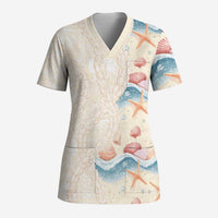 Beige Hawaii Lei Seashells Starfish Scrub Top Sandy Sylized - Polynesian Pride