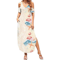 Beige Hawaii Lei Seashells Starfish Summer Maxi Dress Sandy Sylized - Polynesian Pride