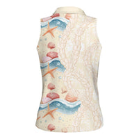Beige Hawaii Lei Seashells Starfish Women Sleeveless Polo Shirt Sandy Sylized - Polynesian Pride