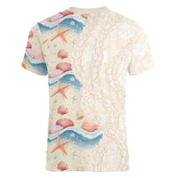 Beige Hawaii Lei Seashells Starfish Women V-Neck T-Shirt Sandy Sylized - Polynesian Pride