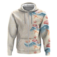 Beige Hawaii Lei Seashells Starfish Zip Hoodie Sandy Sylized - Polynesian Pride