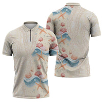 Beige Hawaii Lei Seashells Starfish Zipper Polo Shirt Sandy Sylized - Polynesian Pride