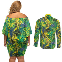 Hawaii Summer Tropical Leaves Couples Matching Off Shoulder Short Dress and Long Sleeve Button Shirt - Polynesian Pride