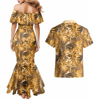 Hawaii Gold Tropical Leaves Couples Matching Mermaid Dress and Hawaiian Shirt - Polynesian Pride