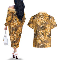 Hawaii Gold Tropical Leaves Couples Matching Off The Shoulder Long Sleeve Dress and Hawaiian Shirt - Polynesian Pride